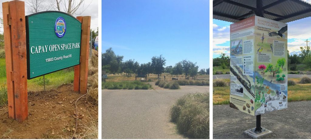 Three photos showing Capay Open Space Park sign, parking lot and interpretive signage