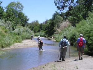 people with backpacks walking in and along the banks of Cache Creek