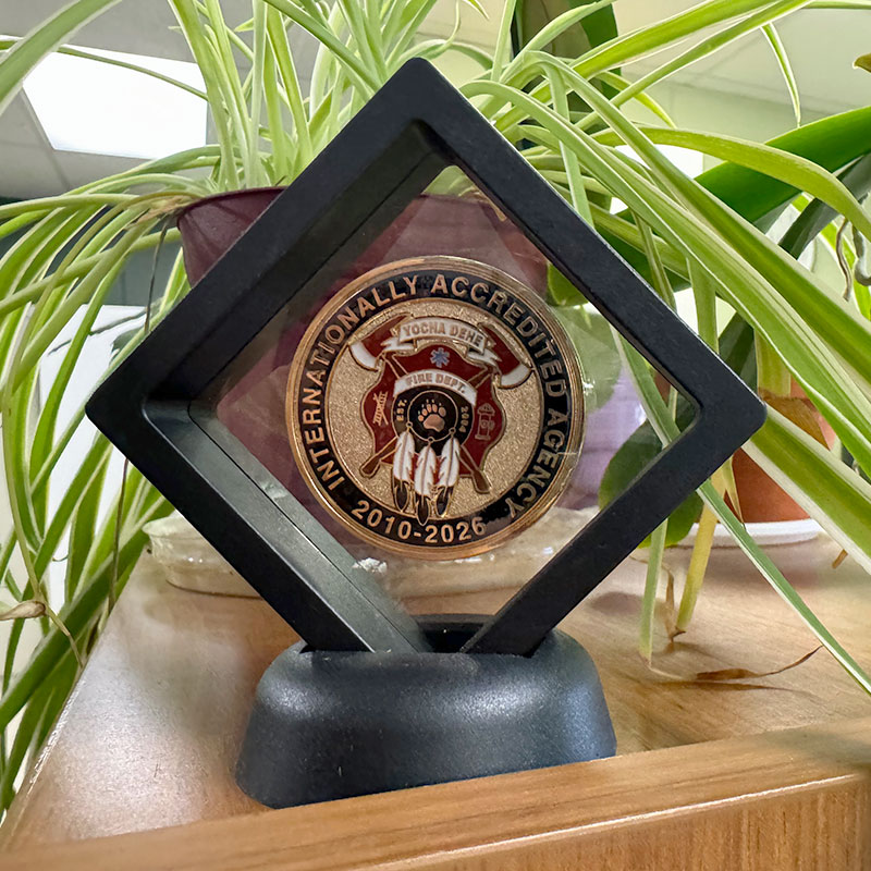 Decorative coin with a fire department emblem, inside an acrylic, black-framed case on a bookcase