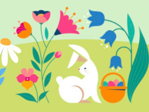 Illustration of white rabbit, spring flowers and basket with eggs