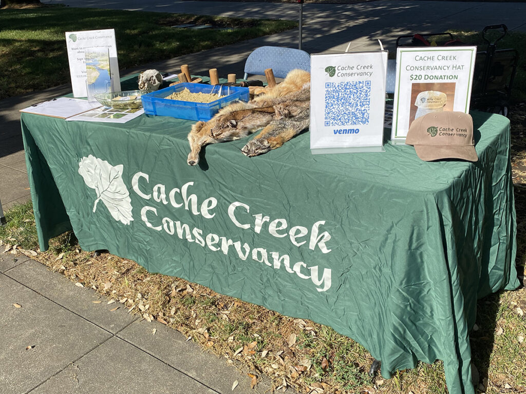 Cache Creek Conservancy booth with green table cloth and various artifacts, games and information for the public.