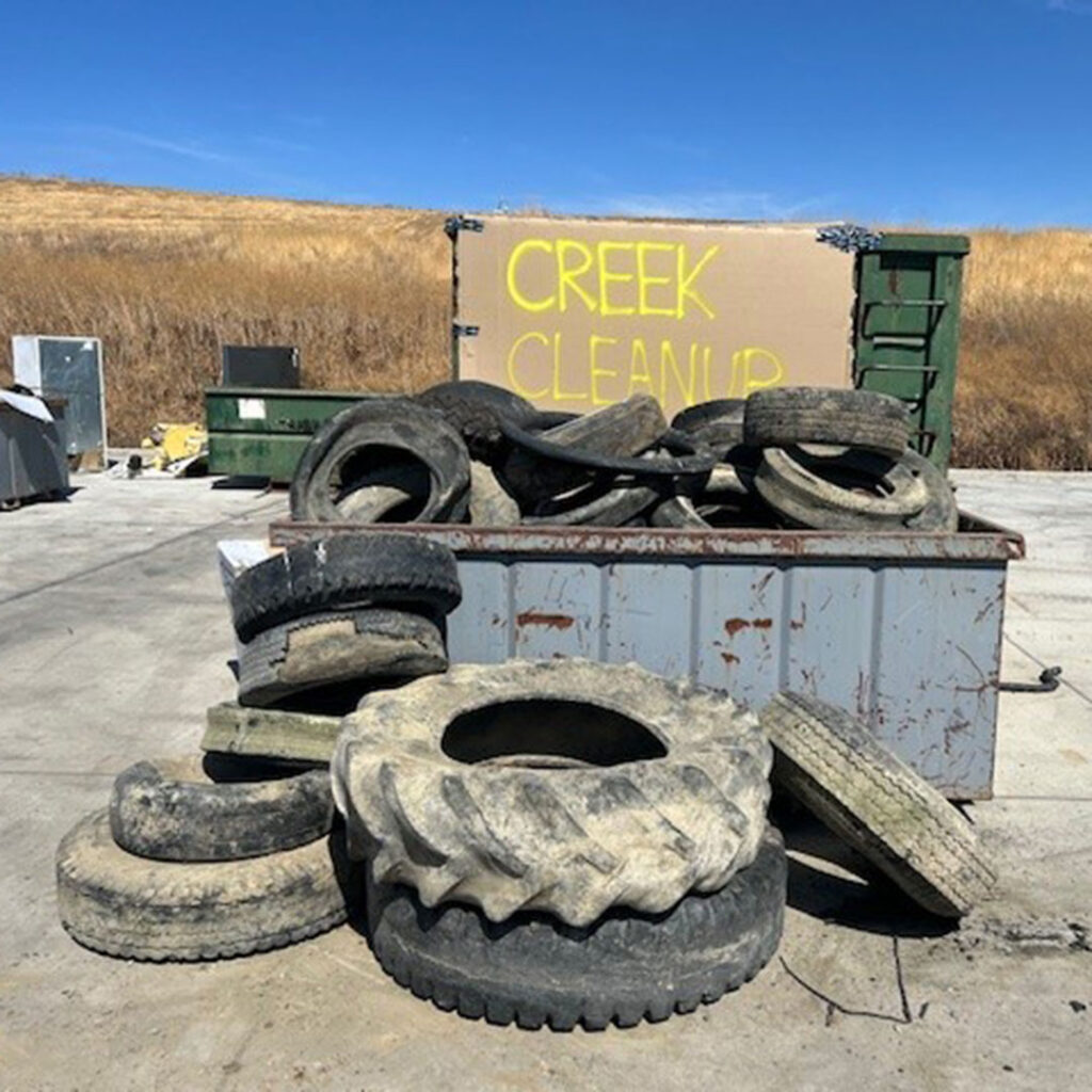 Big dumpsters with a lot of tires in and around them and a cardboard sign saying Creek Cleanup