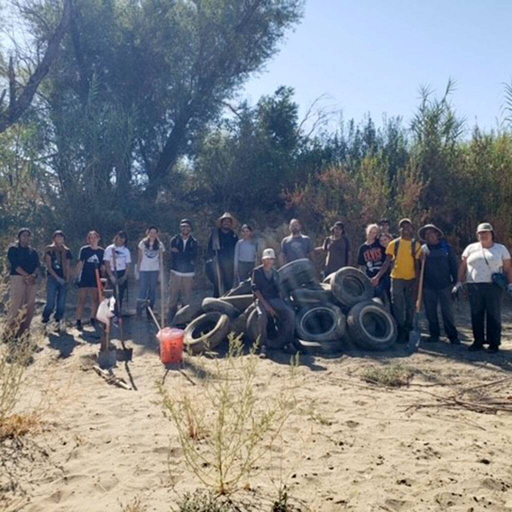 Several people standing in a dry creek bed behind a pile of tires they dug up