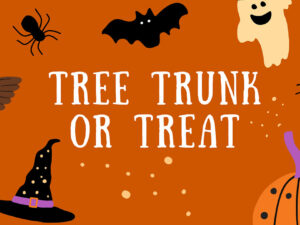 Tree Truck or Treat banner illustration with spiders, a pumpkin, ghost and an owl